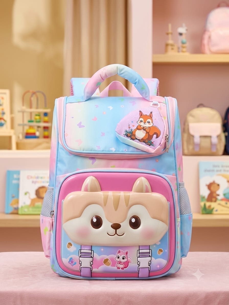 Blue pink kids squirrel school backpack with 3D face and keychain