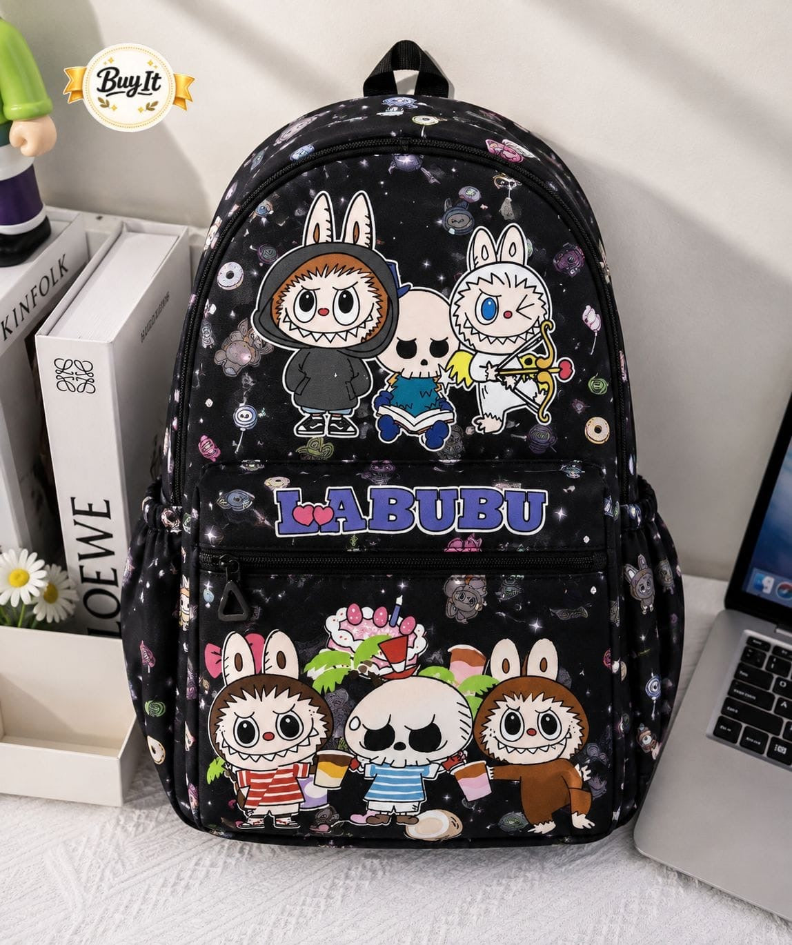 Labubu kids backpack black print design - Belinda Store