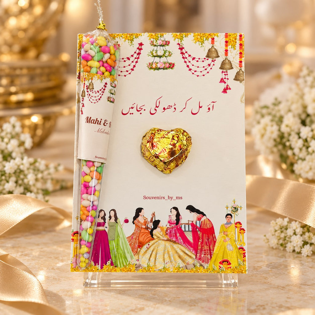 Dholki return card with gold heart chocolate and candy tube