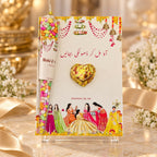 Dholki return card with gold heart chocolate and candy tube