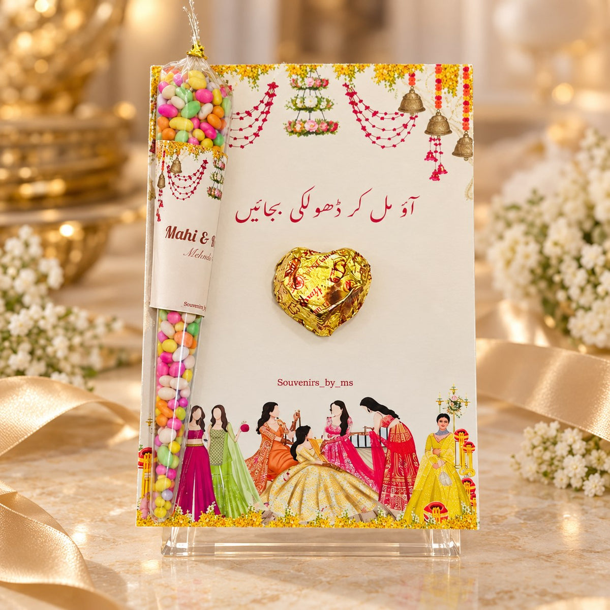 Dholki return card with gold heart chocolate and candy tube