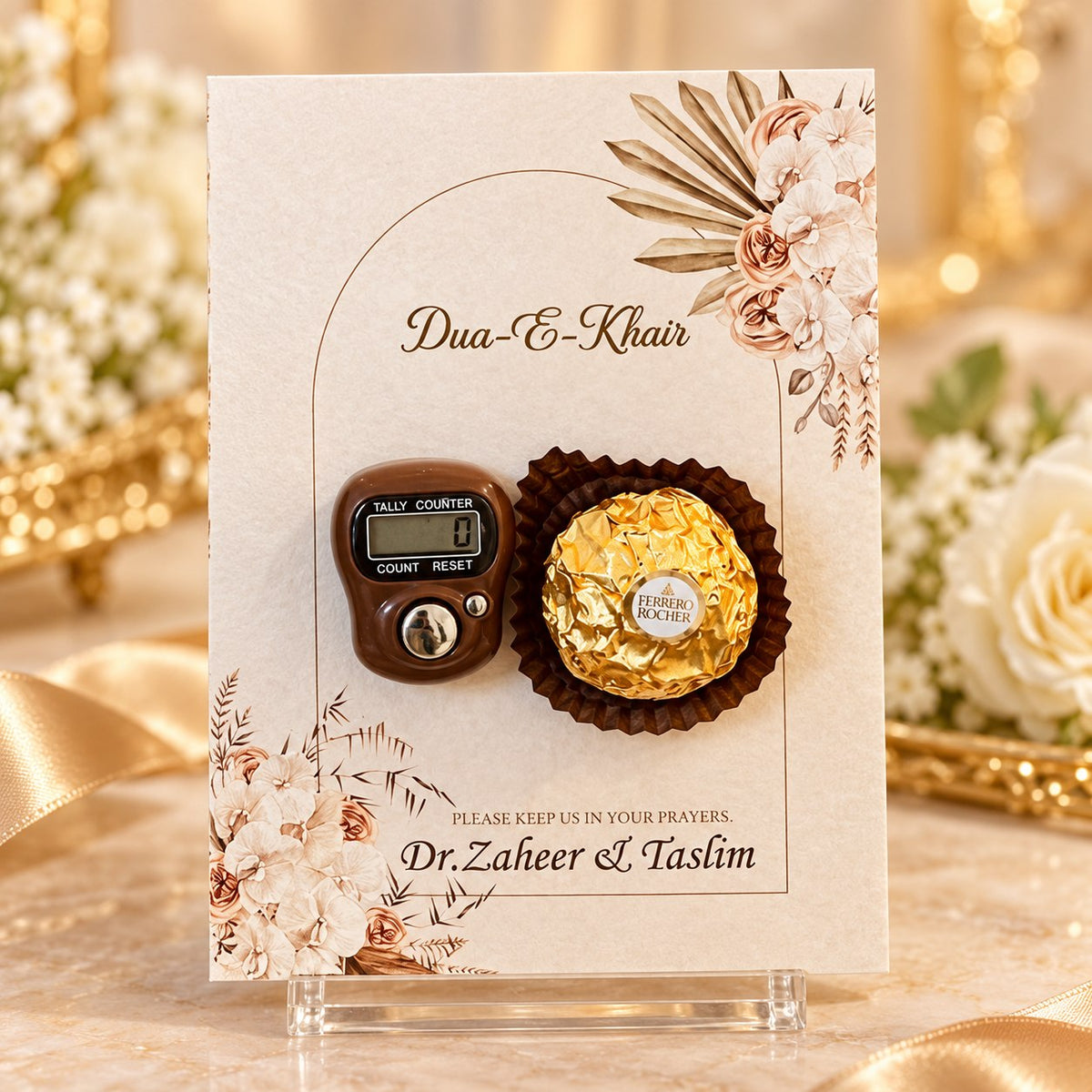 Dua-e-Khair card with tasbeeh counter and golden chocolate