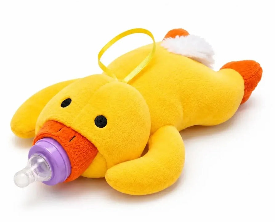 Duck plush baby bottle holder with feeding bottle