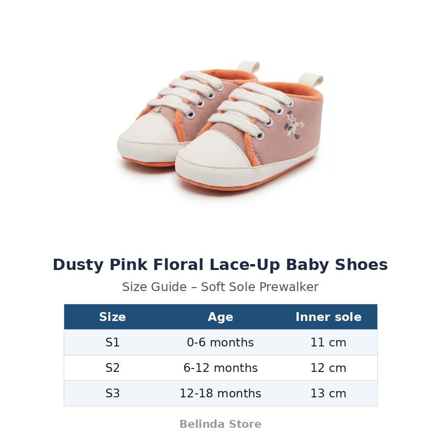 Dusty Pink Floral Lace-Up Baby Shoes size guide – soft sole baby shoes – Belinda Store