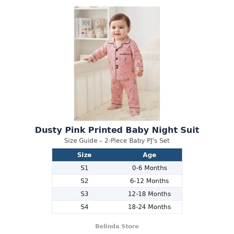 Dusty Pink Printed Baby Night Suit size guide 0-24 months – Belinda Store