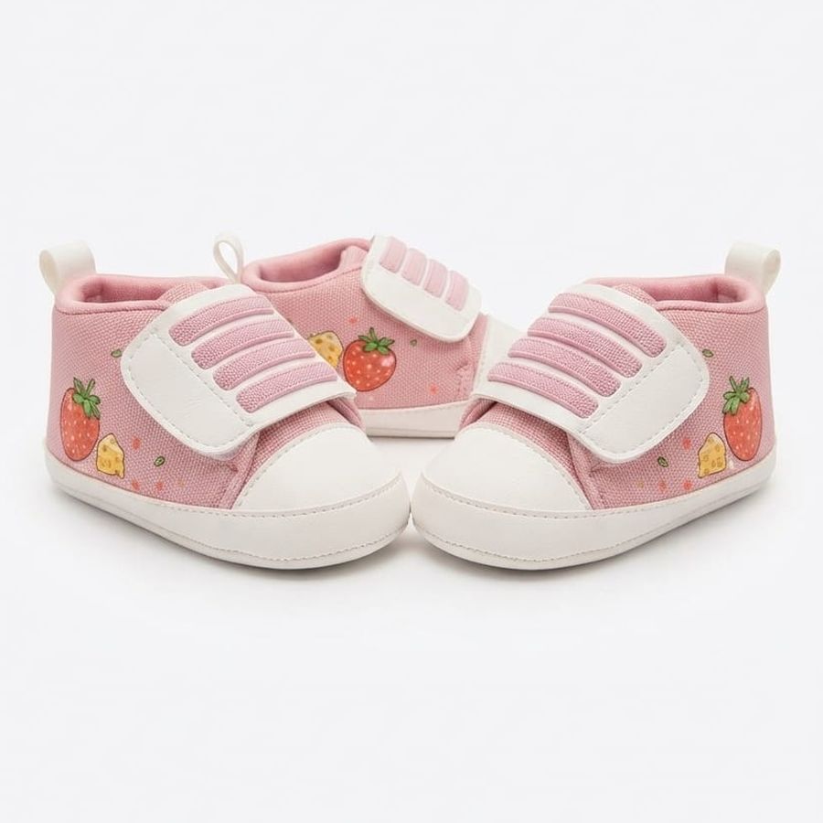 Dusty Pink Strawberry Velcro Baby Shoes close-up view – soft sole baby shoes – Belinda Store