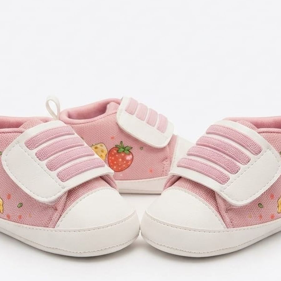 Dusty Pink Strawberry Velcro Baby Shoes design detail – soft sole baby shoes – Belinda Store
