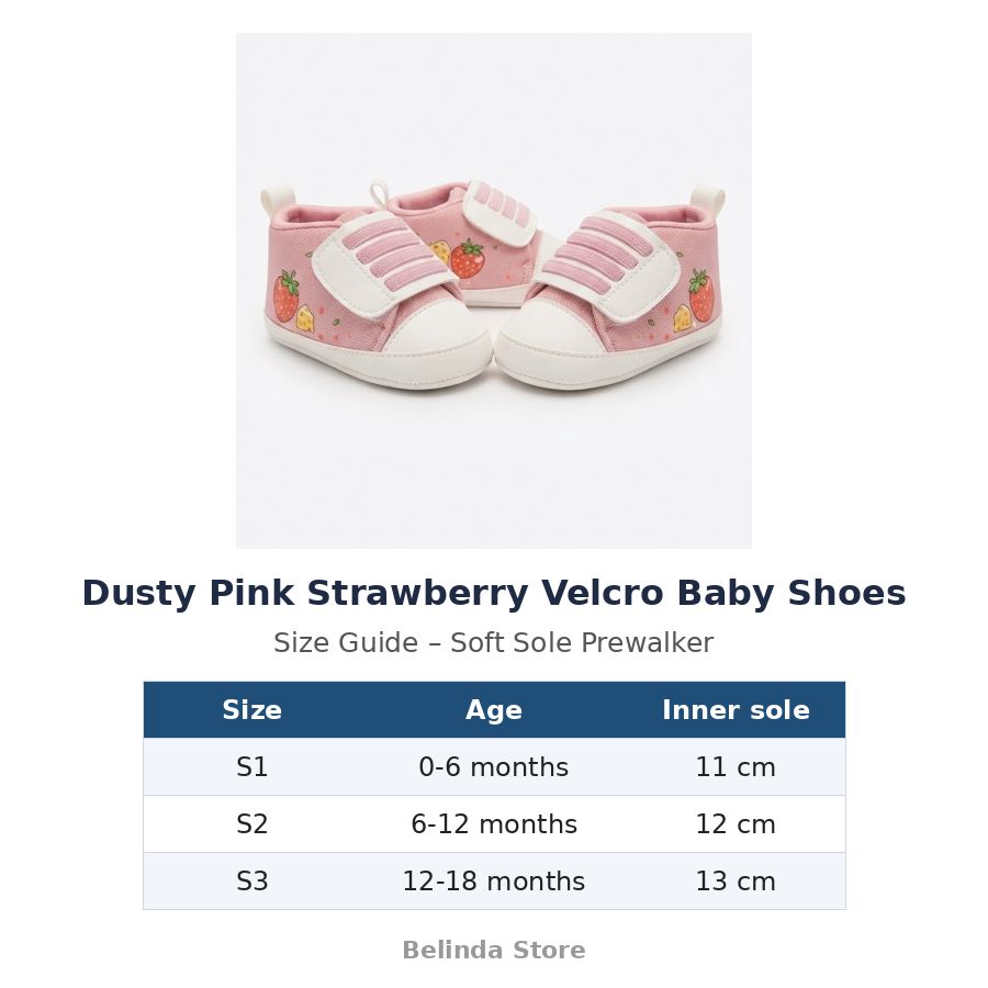 Dusty Pink Strawberry Velcro Baby Shoes size guide – soft sole baby shoes – Belinda Store