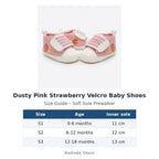 Dusty Pink Strawberry Velcro Baby Shoes size guide – soft sole baby shoes – Belinda Store