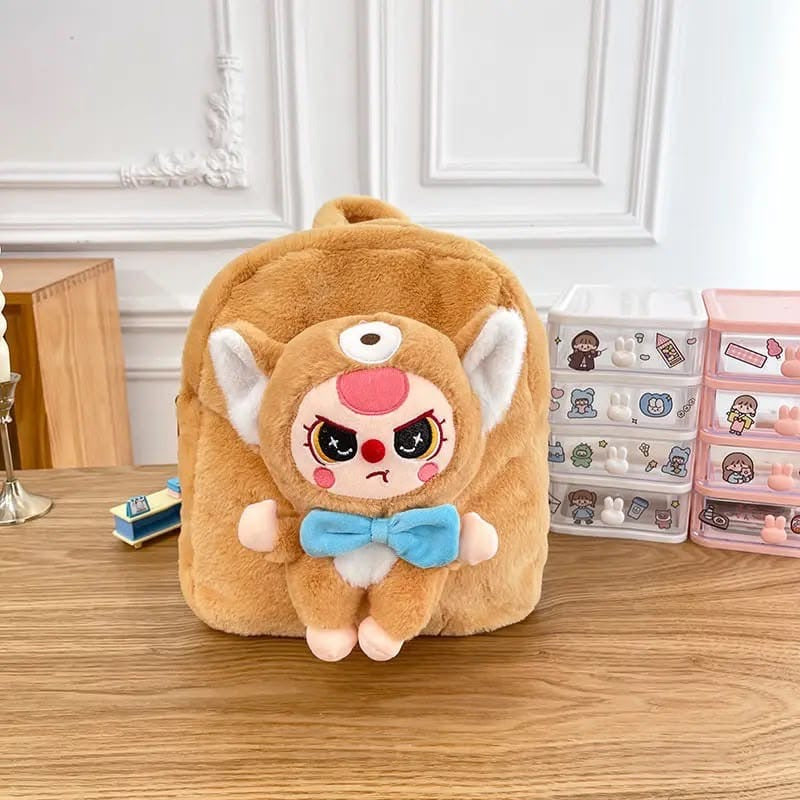 Brown plush monster backpack front