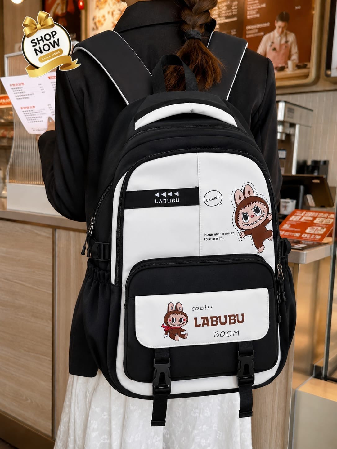 Labubu kids backpack black worn view - Belinda Store