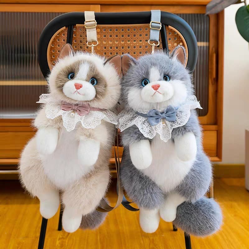 Kids plush cat backpack white and grey hanging pair Belinda Store