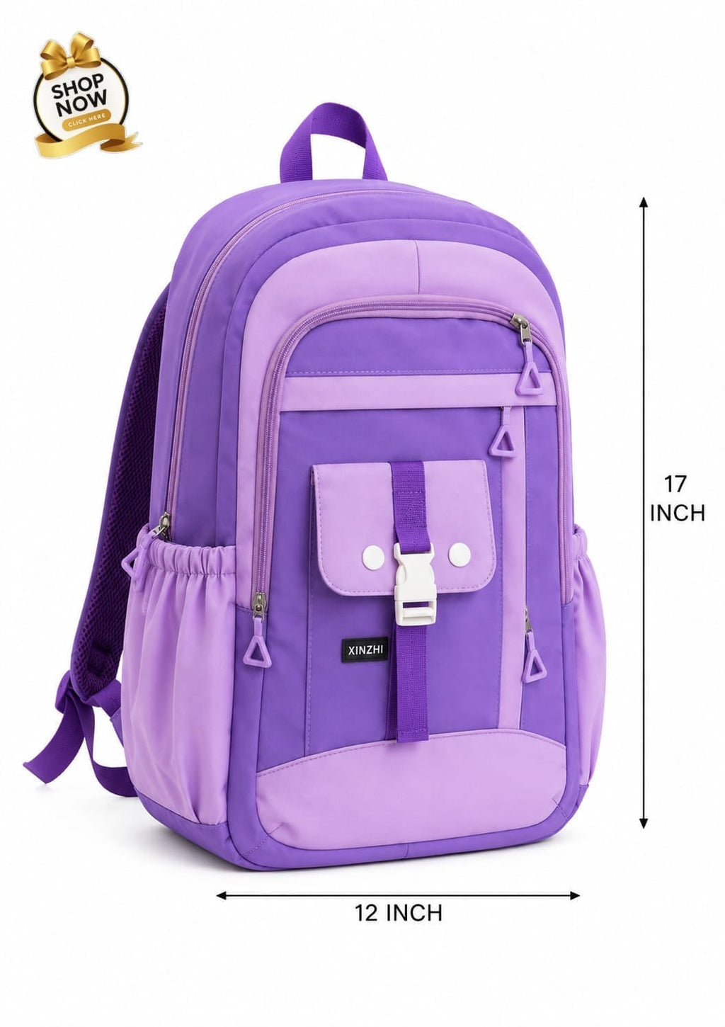 School Backpack with Buckle Pocket for Kids - Purple color, view 2