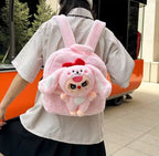 Kids pink bunny plush backpack worn outdoor Belinda Store
