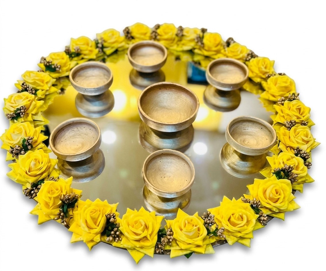 Yellow flower diya thaal for mayun