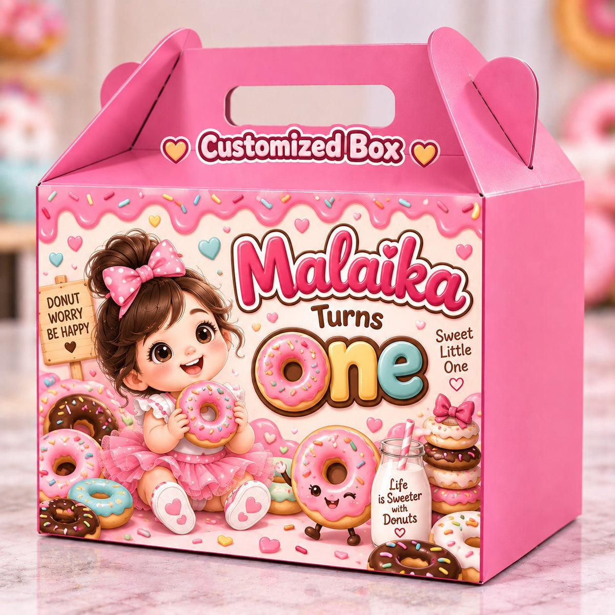 donut theme customized birthday goodie box with name and age personalization - Belinda Store Pakistan