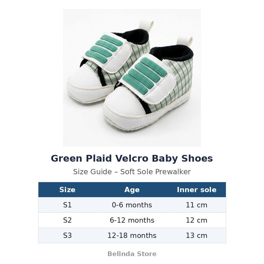 Green Plaid Velcro Baby Shoes size guide – soft sole baby shoes – Belinda Store