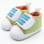 Green Polka Dot Velcro Baby Shoes close-up view – soft sole baby shoes – Belinda Store