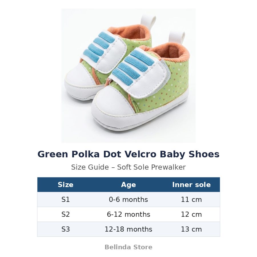 Green Polka Dot Velcro Baby Shoes size guide – soft sole baby shoes – Belinda Store