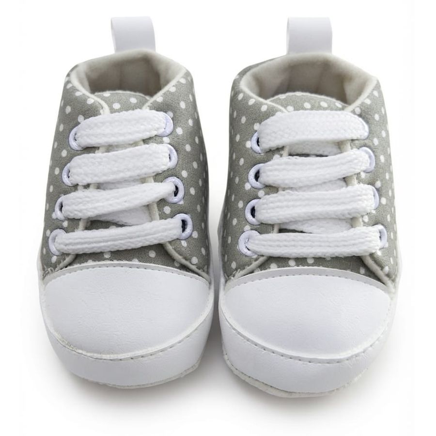 Grey Polka Dot Lace-Up Baby Sneakers close-up view – soft sole baby shoes – Belinda Store