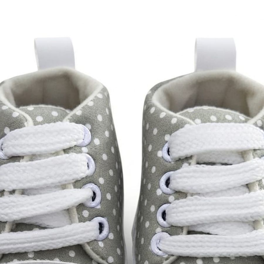 Grey Polka Dot Lace-Up Baby Sneakers design detail – soft sole baby shoes – Belinda Store