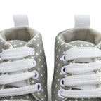 Grey Polka Dot Lace-Up Baby Sneakers design detail – soft sole baby shoes – Belinda Store