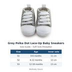 Grey Polka Dot Lace-Up Baby Sneakers size guide – soft sole baby shoes – Belinda Store