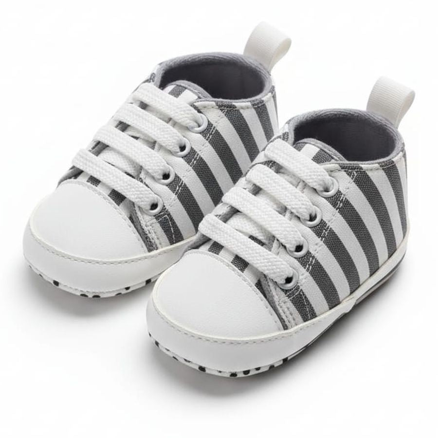 Grey Striped Lace-Up Baby Sneakers close-up view – soft sole baby shoes – Belinda Store
