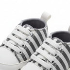 Grey Striped Lace-Up Baby Sneakers design detail – soft sole baby shoes – Belinda Store
