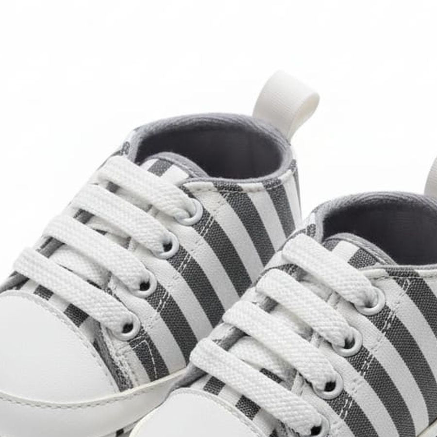 Grey Striped Lace-Up Baby Sneakers design detail – soft sole baby shoes – Belinda Store