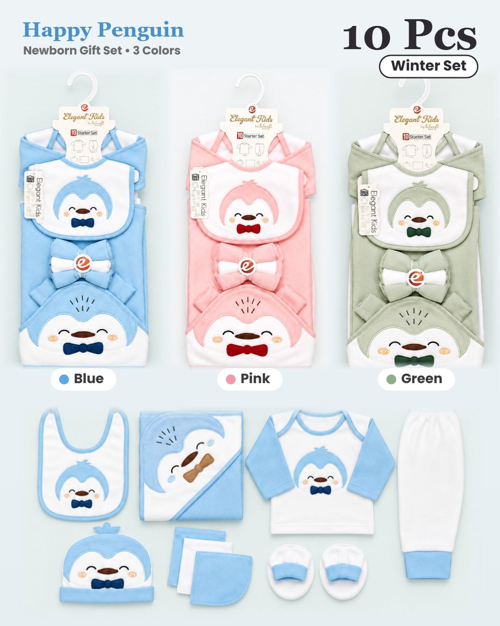 Newborn Baby Winter 10 Pcs Set - Happy Penguin - Blue, Pink, Green