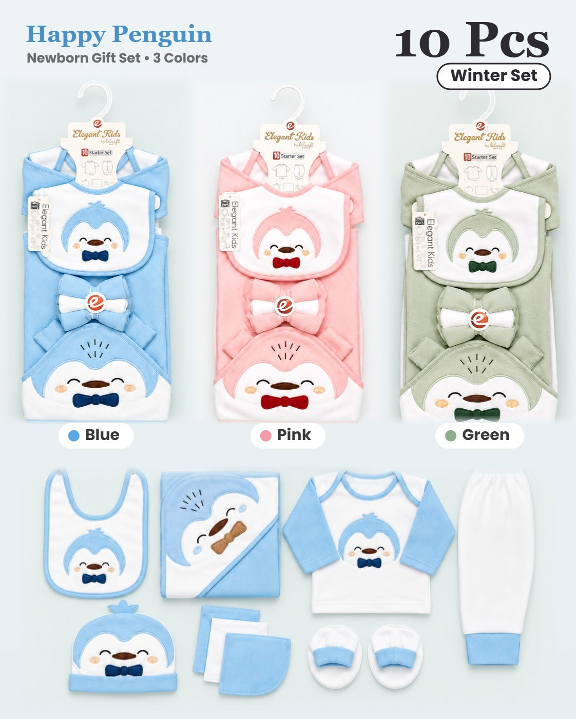 Newborn Baby Winter 10 Pcs Set - Happy Penguin - Blue, Pink, Green