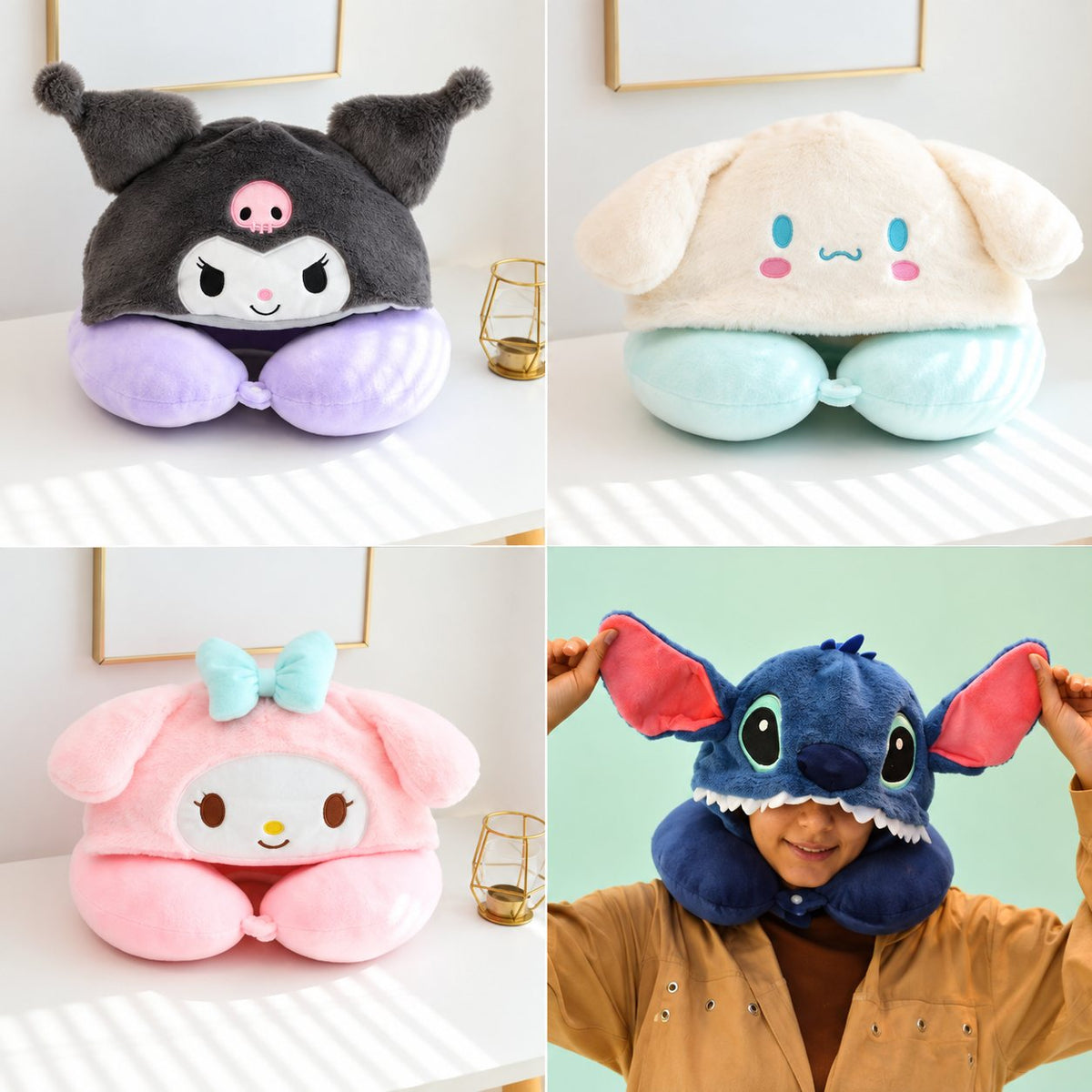 Hooded Plush Character Travel Neck Pillow – Kuromi, Stitch, Cinnamoroll – Belinda Store