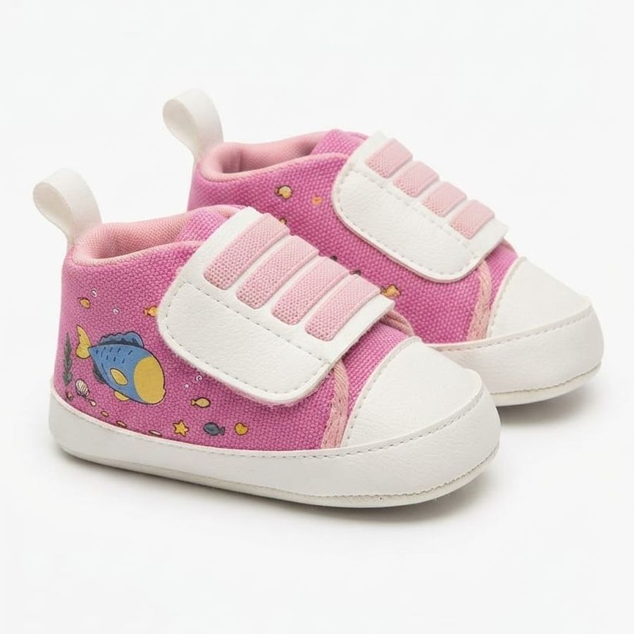 Hot Pink Ocean Print Velcro Baby Shoes close-up view – soft sole baby shoes – Belinda Store