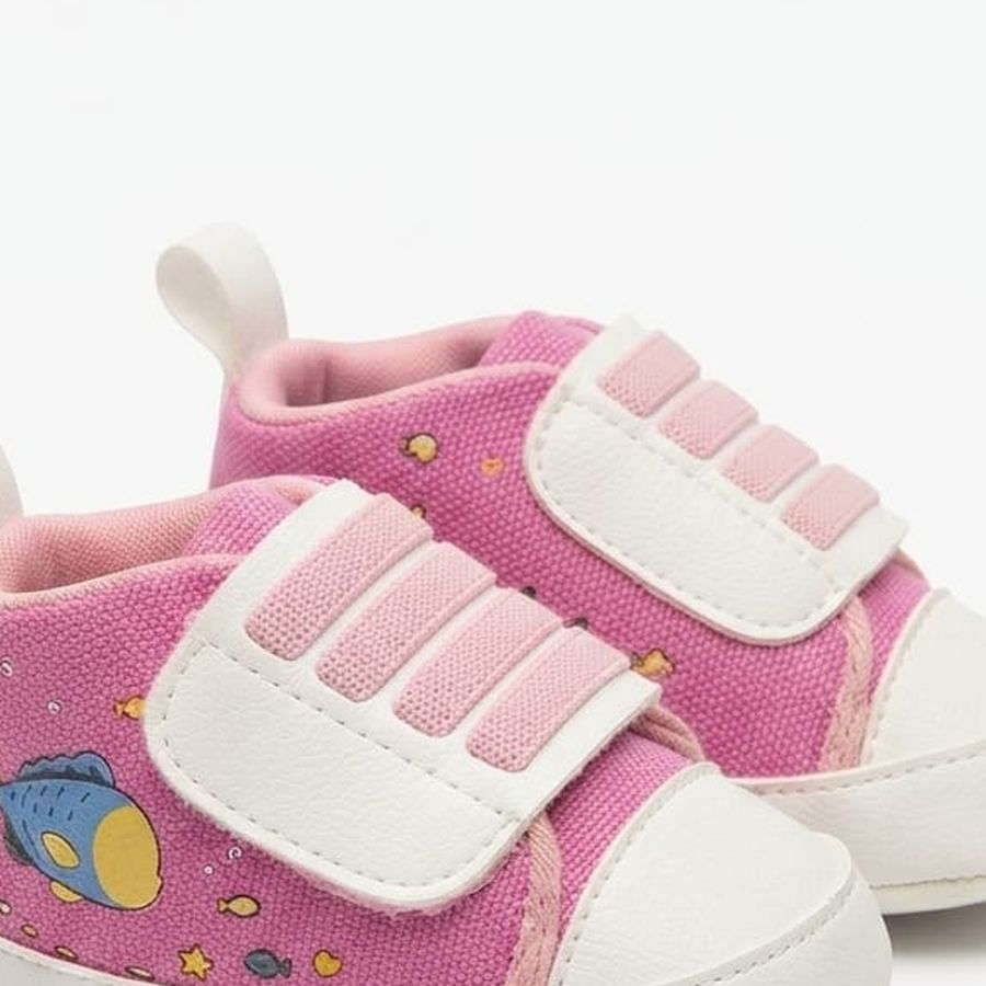 Hot Pink Ocean Print Velcro Baby Shoes design detail – soft sole baby shoes – Belinda Store