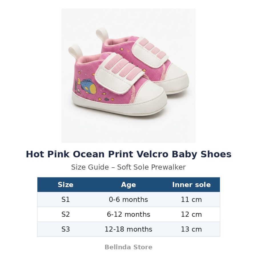 Hot Pink Ocean Print Velcro Baby Shoes size guide – soft sole baby shoes – Belinda Store