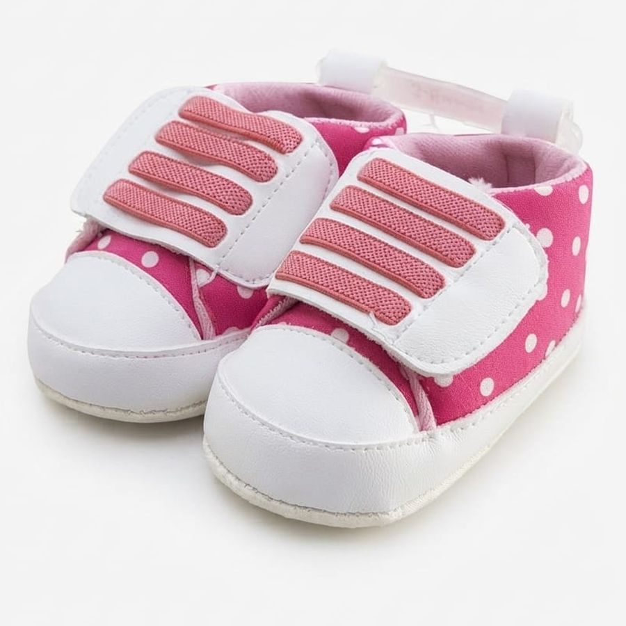 Hot Pink Polka Dot Velcro Baby Shoes close-up view – soft sole baby shoes – Belinda Store