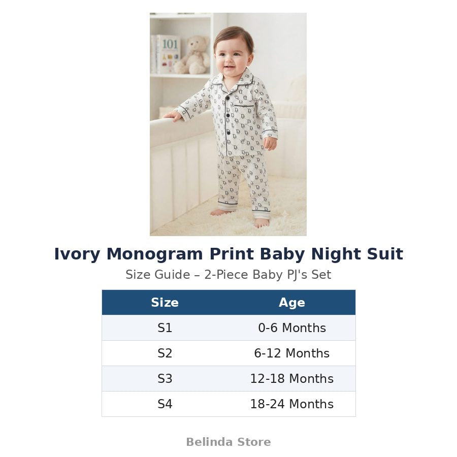Ivory Monogram Print Baby Night Suit size guide 0-24 months – Belinda Store