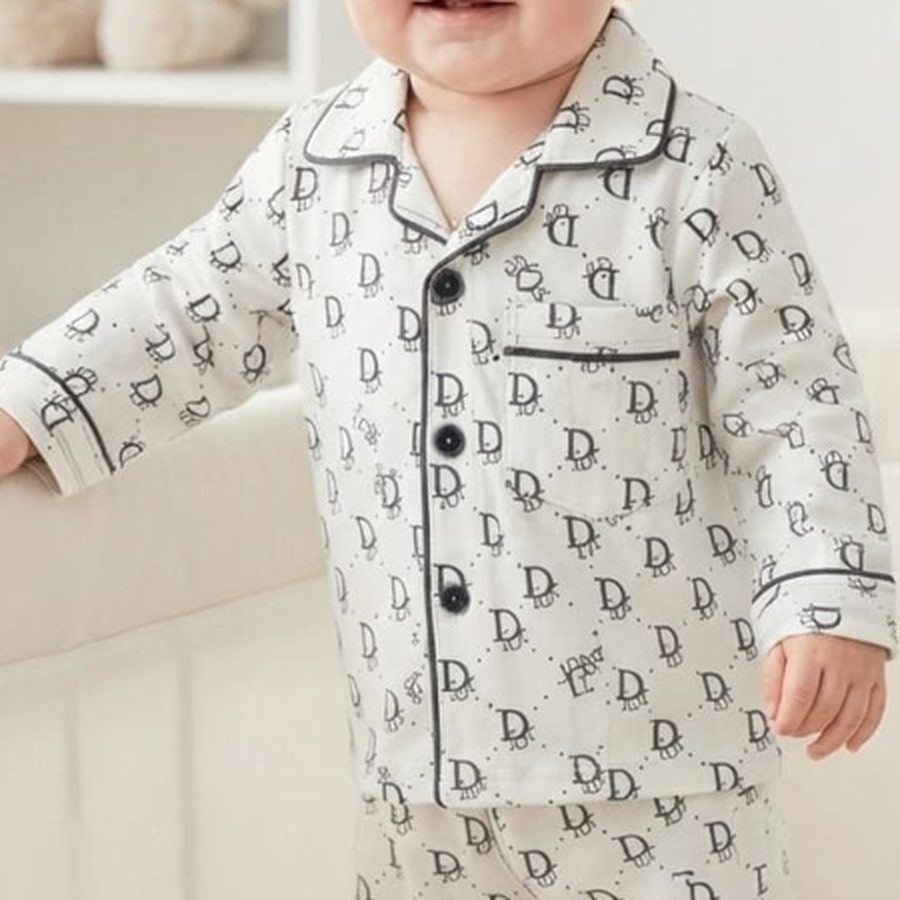 Ivory Monogram Print Baby Night Suit fabric and print close-up – Belinda Store