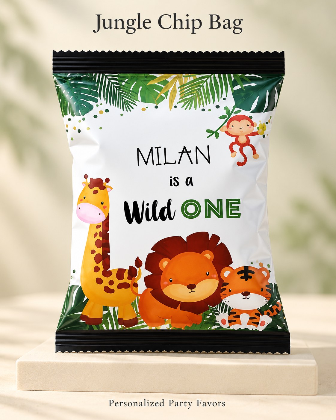 Jungle Wild One customized chips bag party favour with name