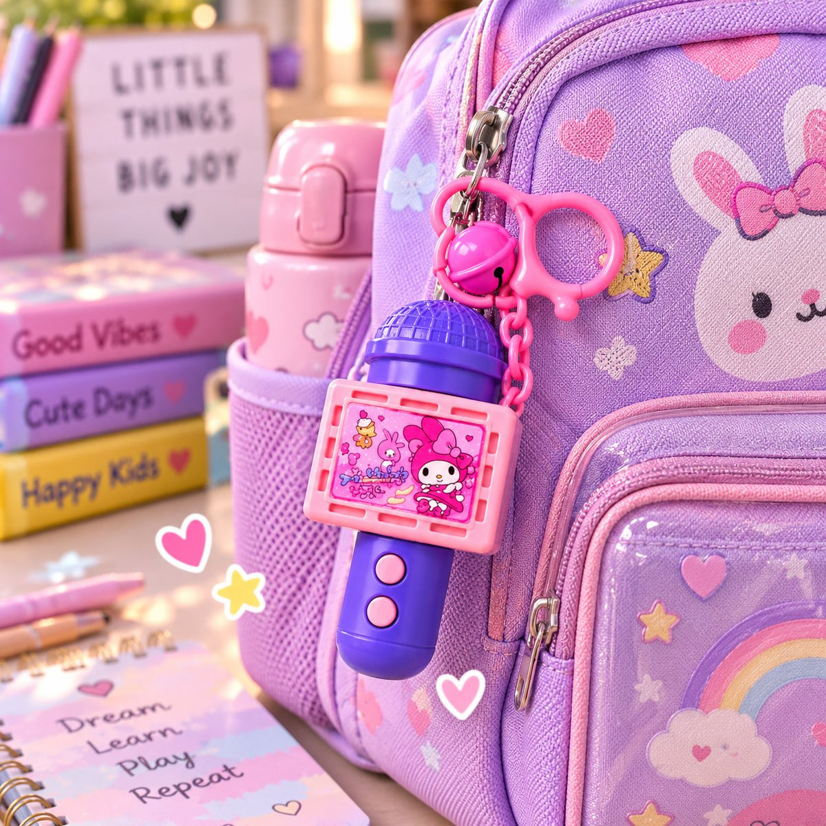 Kawaii Back-to-School Backpack and Microphone Keychain