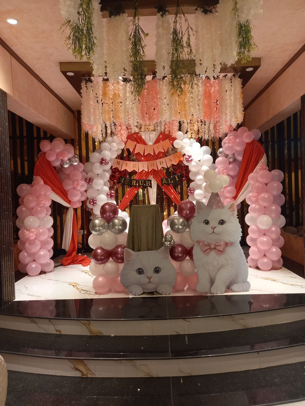 Kitty Cat Theme Birthday Decoration – Pink & White Balloon Arch with Cat Cutouts