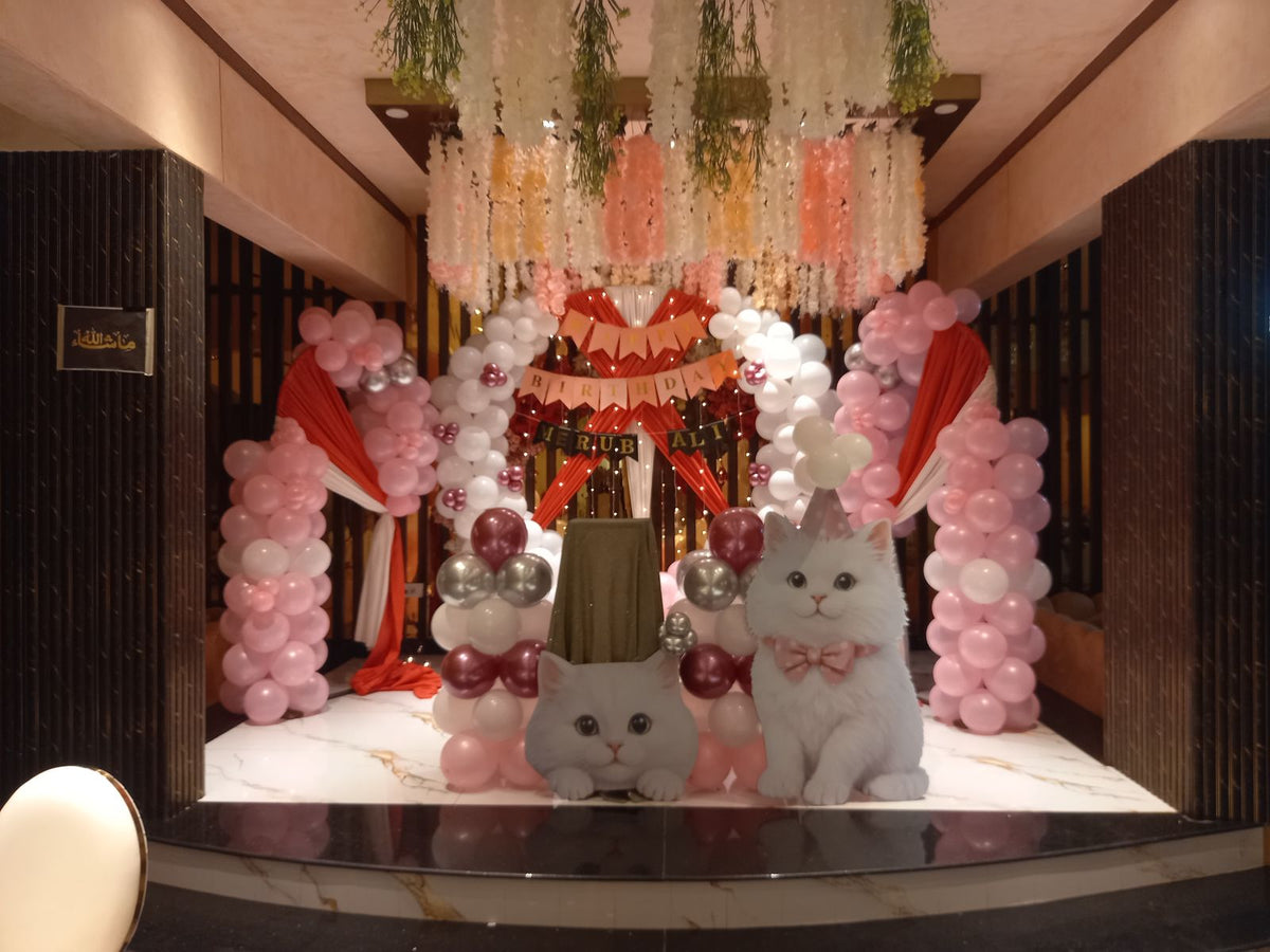 Kitty Cat Theme Birthday Decoration – Pink & White Balloon Arch with Cat Cutouts