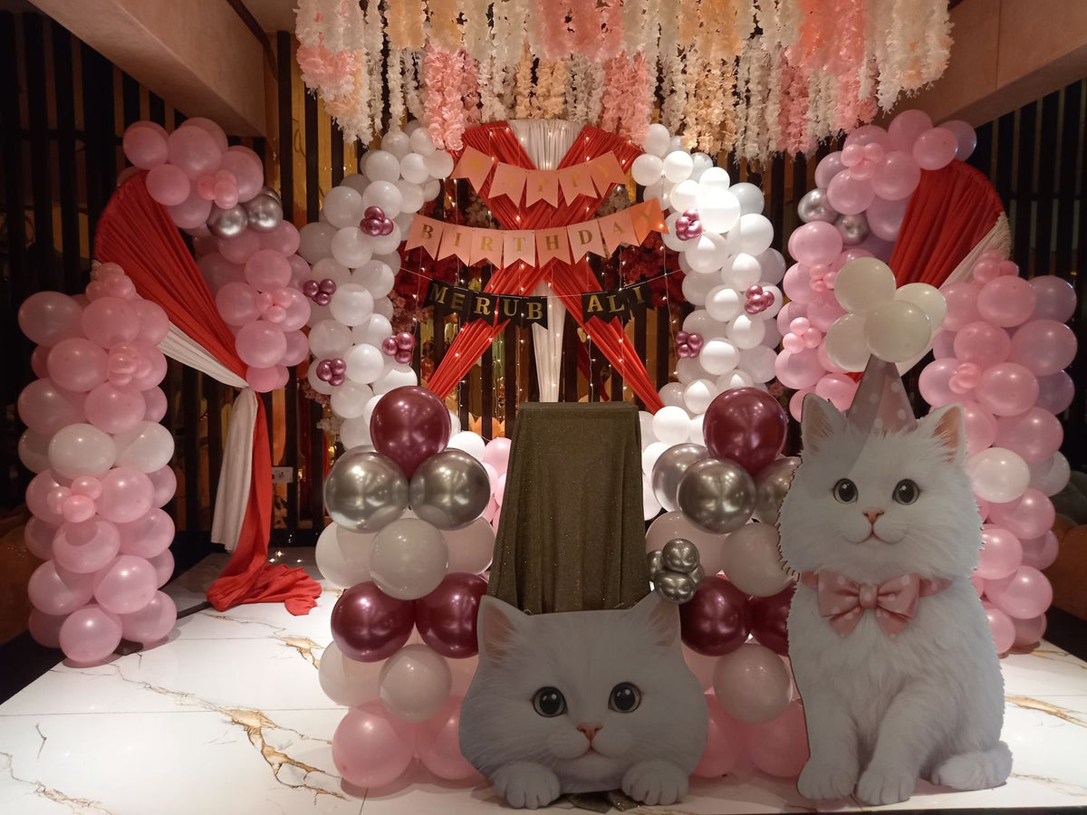 Kitty Cat Theme Birthday Decoration – Pink & White Balloon Arch with Cat Cutouts