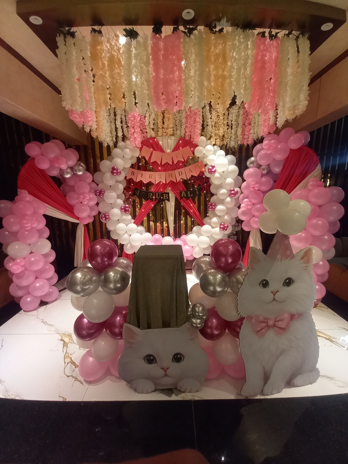 Kitty Cat Theme Birthday Decoration – Pink & White Balloon Arch with Cat Cutouts