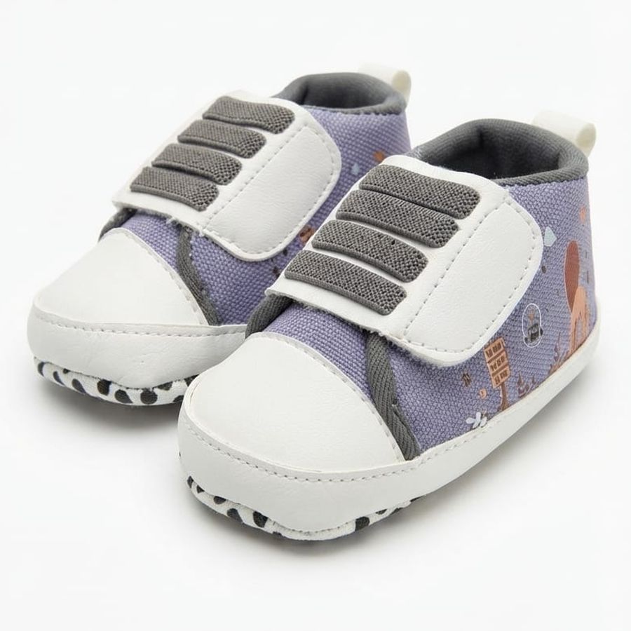 Lavender Grey Velcro Baby Shoes close-up view – soft sole baby shoes – Belinda Store