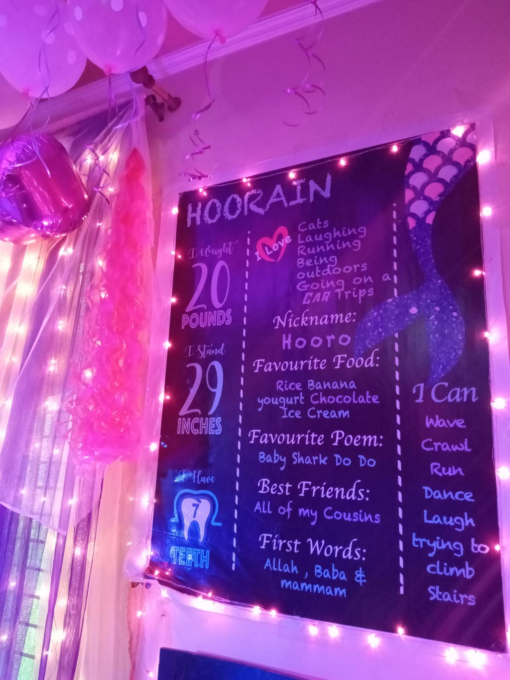 Lavender & Purple Birthday Decoration – Fairy Light Curtain, Photo Wall & Milestone Board
