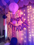 Lavender & Purple Birthday Decoration – Fairy Light Curtain, Photo Wall & Milestone Board