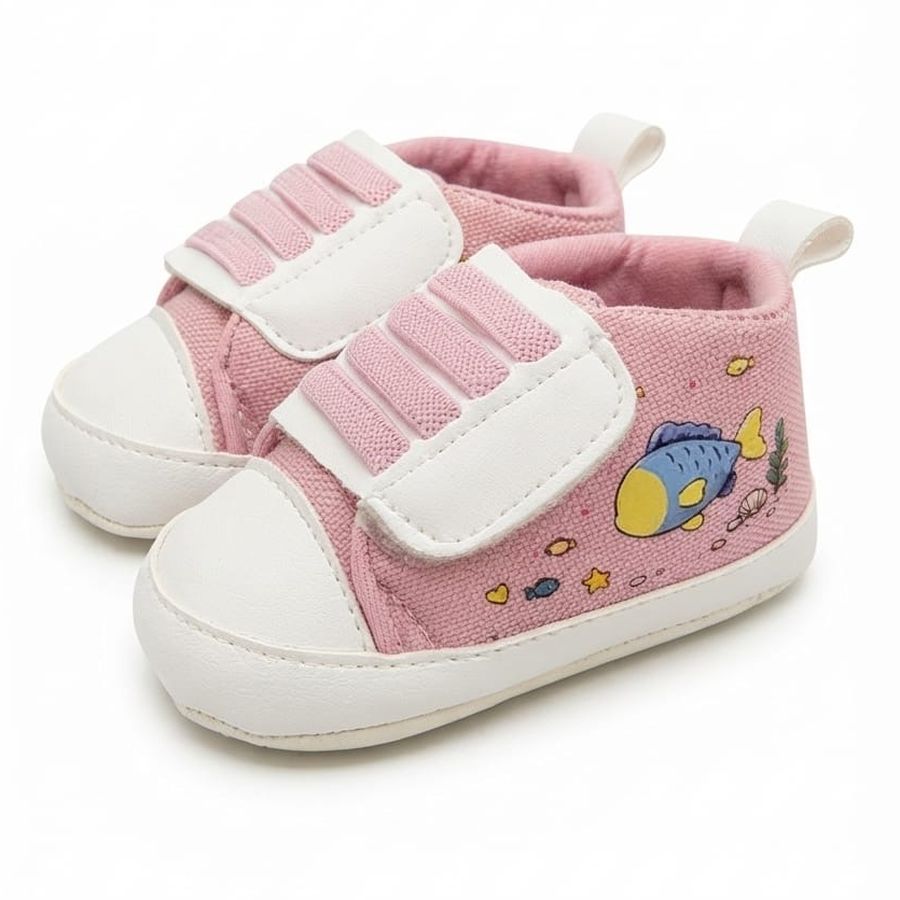 Light Pink Fish Print Velcro Baby Shoes close-up view – soft sole baby shoes – Belinda Store