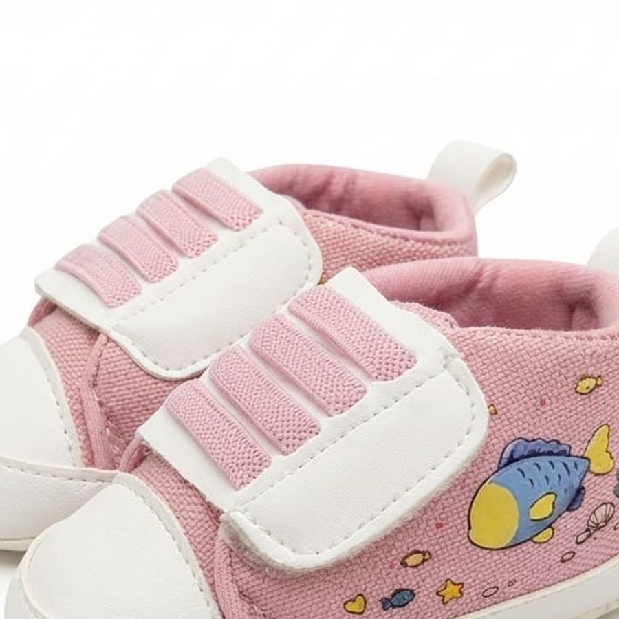 Light Pink Fish Print Velcro Baby Shoes design detail – soft sole baby shoes – Belinda Store